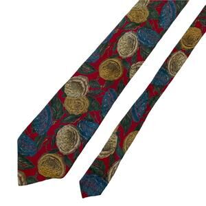 Emanuel Ungaro Silk Tie Floral Peony Red Tan Blue Green Paris Vintage 1980s GUC